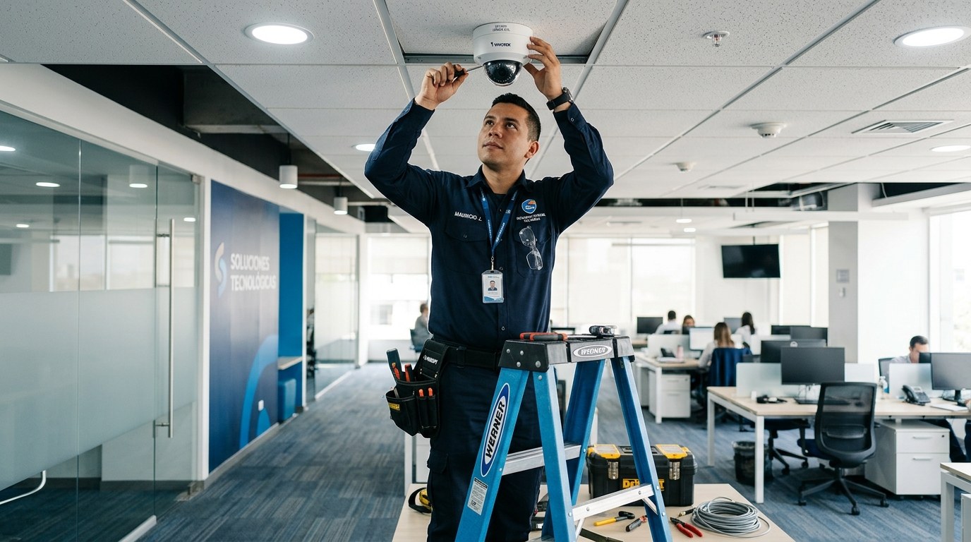 Técnico de LAGUR instalando una cámara de seguridad en Bogotá